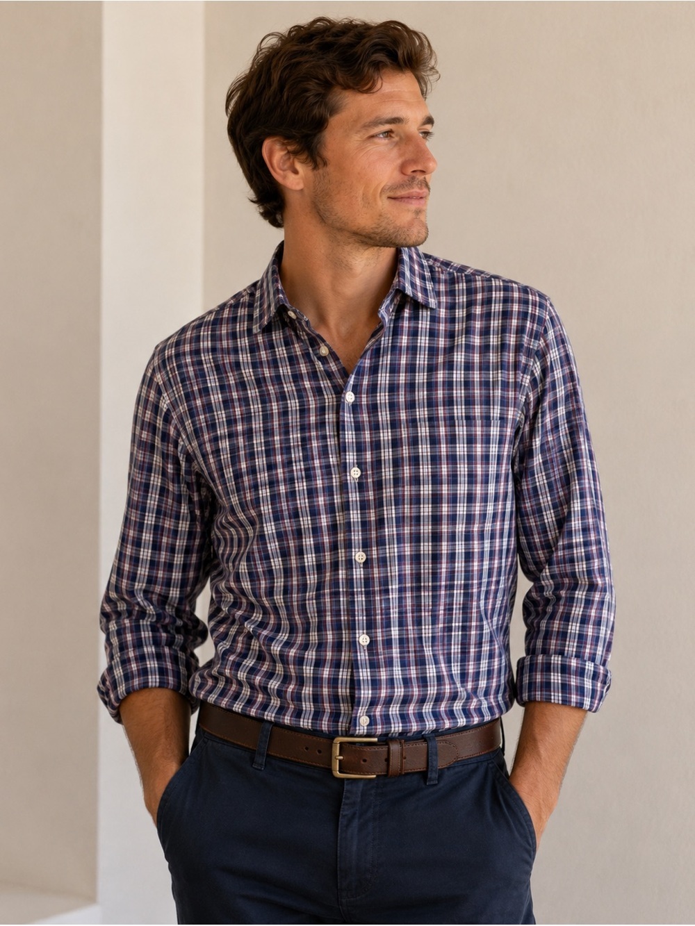 Peter Millar Navy and White Plaid Button-Down Shirt